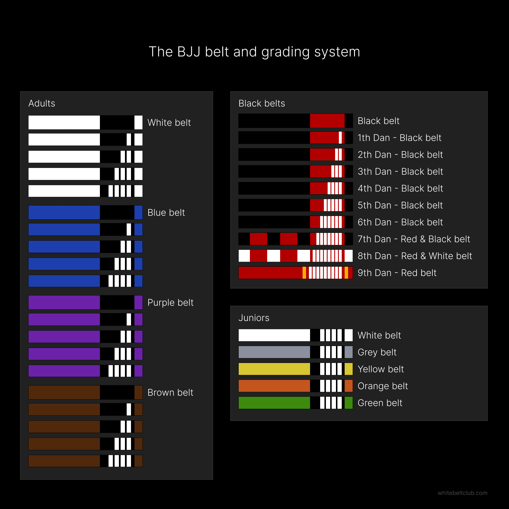 BJJ belt system and grading progression from white to black belt